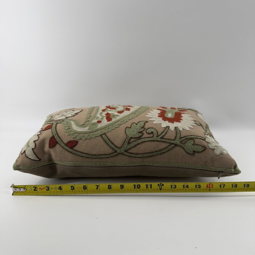 Lumbar Decorative Pillow 18x10 Taupe Paisley Jacobean Floral Crewel Embroidered - Picture 7 of 9